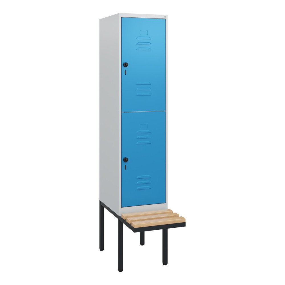 Produktabbildung: C+P Doppelstock-Spind Classic PLUS, 1 Abteil, HxBxT 1.950 x 400 x 815 mm, für Vorhängeschloss, auskragende Bank aus Buche, lichtgrau, lichtblau