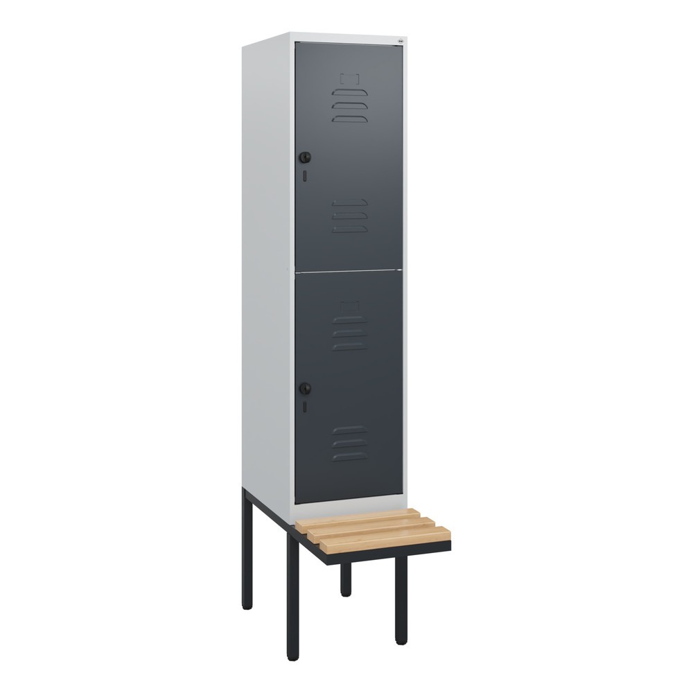 Produktabbildung: C+P Doppelstock-Spind Classic PLUS, 1 Abteil, HxBxT 1.950 x 400 x 815 mm, für Vorhängeschloss, auskragende Bank aus Buche, lichtgrau, anthrazitgrau