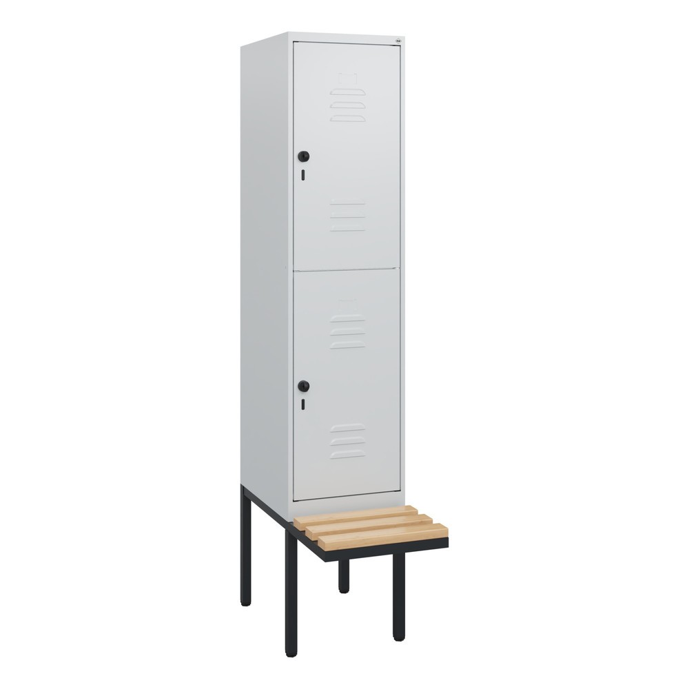 Produktabbildung: C+P Doppelstock-Spind Classic PLUS, 1 Abteil, HxBxT 1.950 x 400 x 815 mm, für Vorhängeschloss, auskragende Bank aus Buche, lichtgrau, lichtgrau