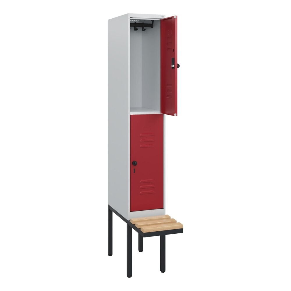 C+P Doppelstock-Spind Classic PLUS, 1 Abteil, HxBxT 1.950 x 300 x 815 mm, für Vorhängeschloss, auskragende Bank aus Buche, lichtgrau, rubinrot Produktabbildung Nr. 1: C+P Doppelstock-Spind Classic PLUS, 1 Abteil, HxBxT 1.950 x 300 x 815 mm, für Vorhängeschloss, auskragende Bank aus Buche, lichtgrau, rubinrot