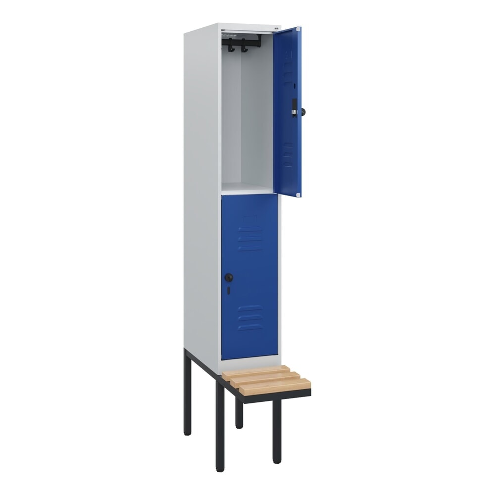 C+P Doppelstock-Spind Classic PLUS, 1 Abteil, HxBxT 1.950 x 300 x 815 mm, für Vorhängeschloss, auskragende Bank aus Buche, lichtgrau, enzianblau N° de l'image du produit 1 : C+P Doppelstock-Spind Classic PLUS, 1 Abteil, HxBxT 1.950 x 300 x 815 mm, für Vorhängeschloss, auskragende Bank aus Buche, lichtgrau, enzianblau