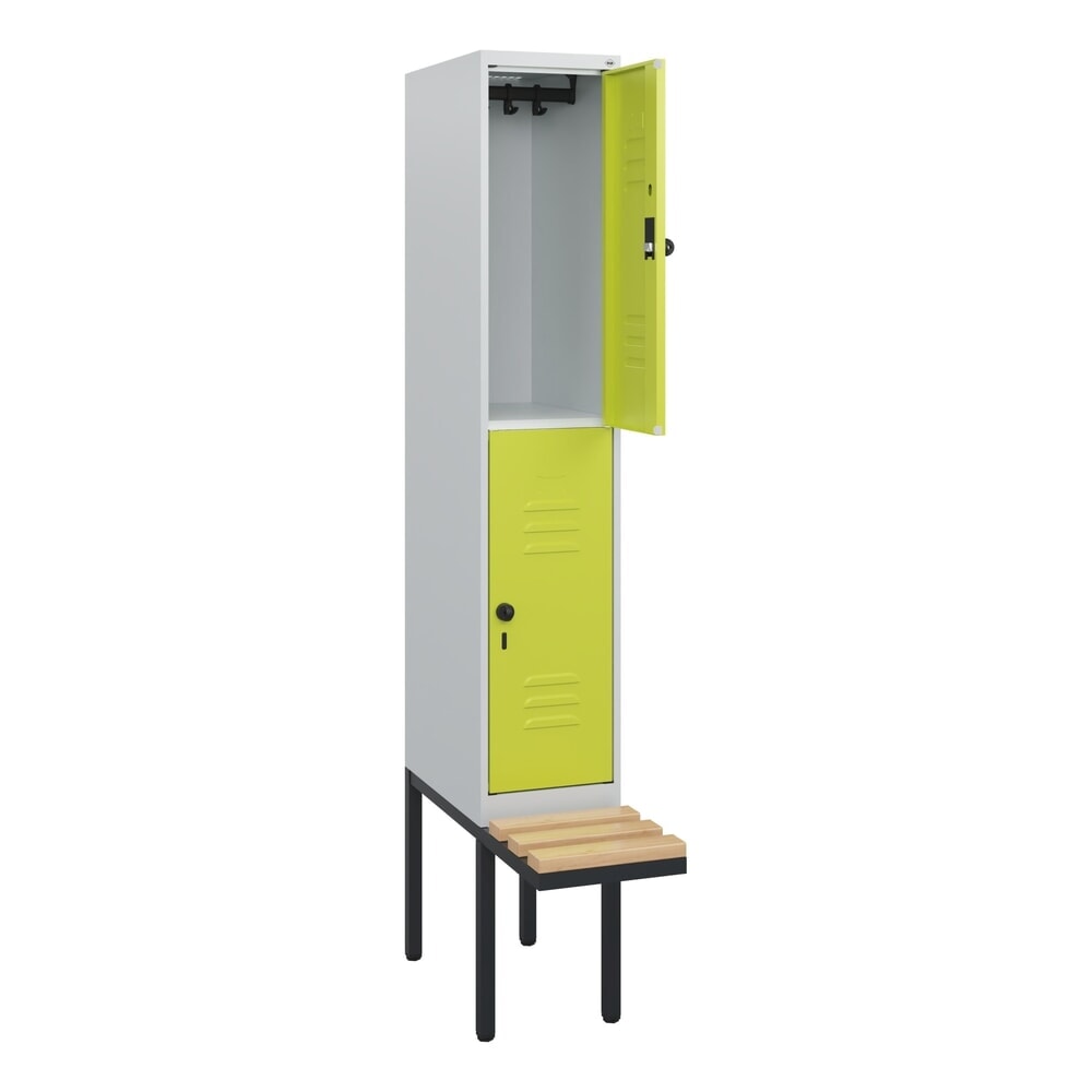C+P Doppelstock-Spind Classic PLUS, 1 Abteil, HxBxT 1.950 x 300 x 815 mm, für Vorhängeschloss, auskragende Bank aus Buche, lichtgrau, clowngrün Illustration du produit: C+P Doppelstock-Spind Classic PLUS, 1 Abteil, HxBxT 1.950 x 300 x 815 mm, für Vorhängeschloss, auskragende Bank aus Buche, lichtgrau, clowngrün