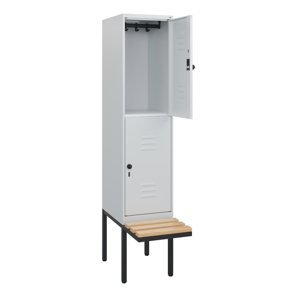 Illustration du produit: C+P Doppelstock-Spind Classic PLUS, 1 Abteil, HxBxT 1.950 x 400 x 815 mm, für Vorhängeschloss, auskragende Bank aus Buche, lichtgrau, lichtgrau