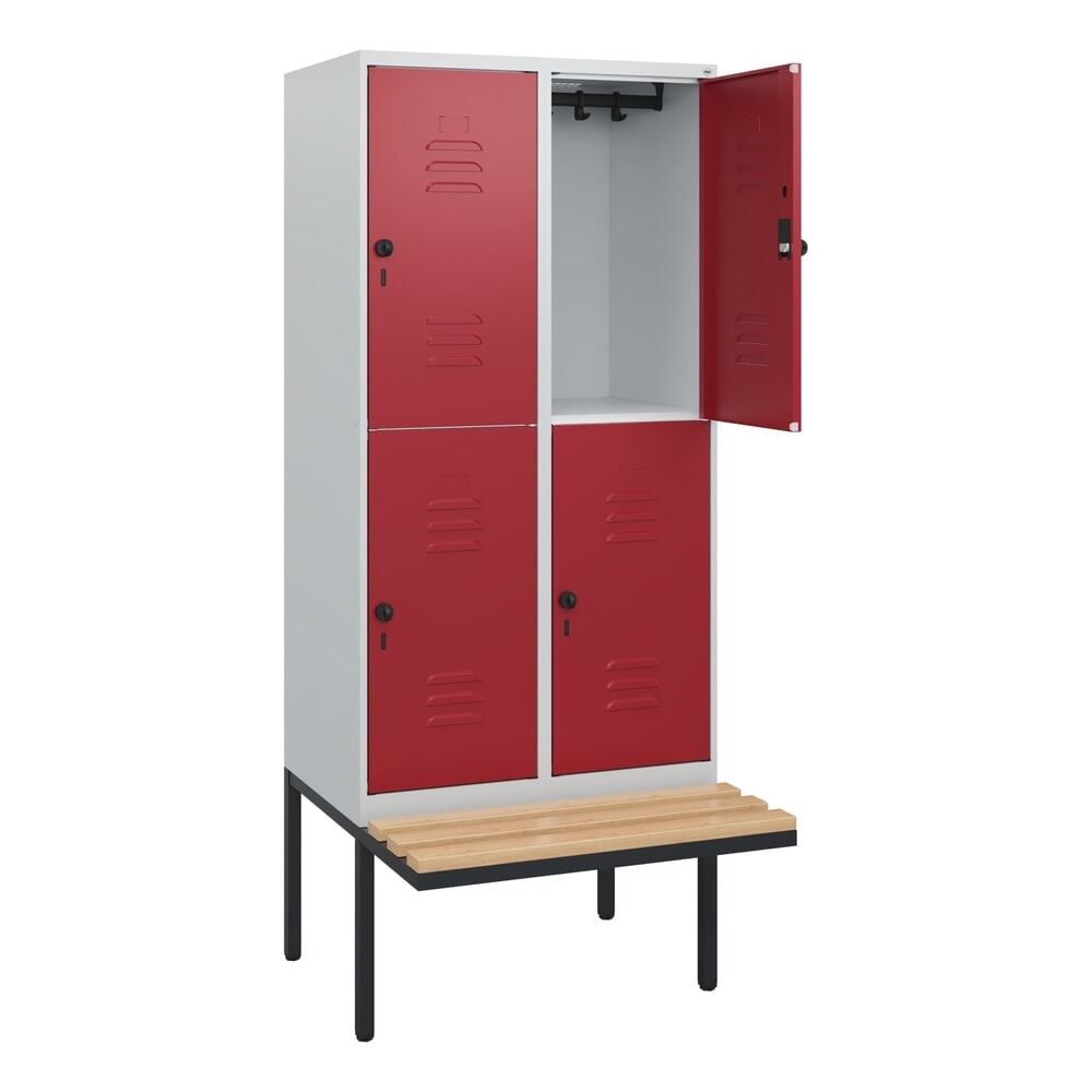C+P Doppelstock-Spind Classic PLUS, 2 Abteile, HxBxT 1.950 x 800 x 815 mm, für Vorhängeschloss, auskragende Bank aus Buche, lichtgrau, rubinrot Illustration du produit: C+P Doppelstock-Spind Classic PLUS, 2 Abteile, HxBxT 1.950 x 800 x 815 mm, für Vorhängeschloss, auskragende Bank aus Buche, lichtgrau, rubinrot