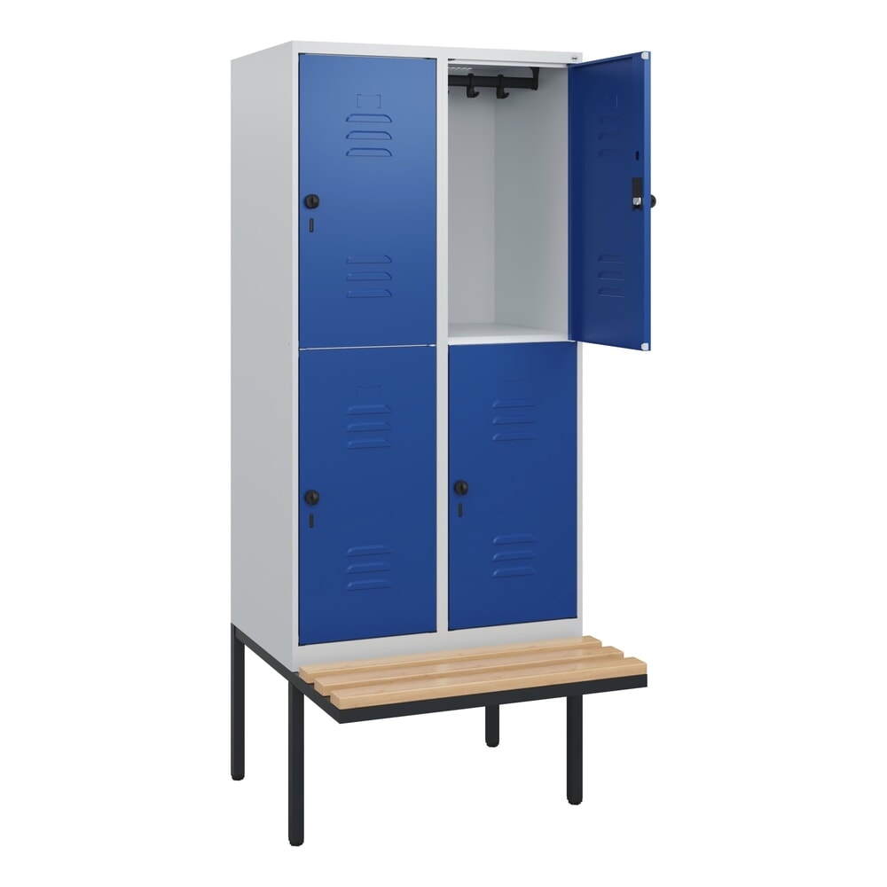 C+P Doppelstock-Spind Classic PLUS, 2 Abteile, HxBxT 1.950 x 800 x 815 mm, für Vorhängeschloss, auskragende Bank aus Buche, lichtgrau, enzianblau Illustration du produit: C+P Doppelstock-Spind Classic PLUS, 2 Abteile, HxBxT 1.950 x 800 x 815 mm, für Vorhängeschloss, auskragende Bank aus Buche, lichtgrau, enzianblau