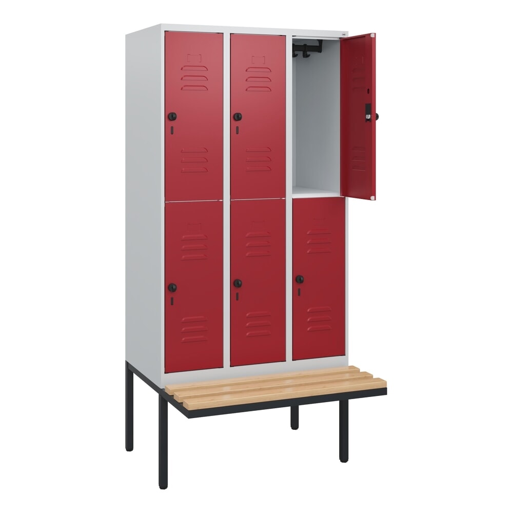 C+P Doppelstock-Spind Classic PLUS, 3 Abteile, HxBxT 1.950 x 900 x 815 mm, für Vorhängeschloss, auskragende Bank aus Buche, lichtgrau, rubinrot Illustration du produit: C+P Doppelstock-Spind Classic PLUS, 3 Abteile, HxBxT 1.950 x 900 x 815 mm, für Vorhängeschloss, auskragende Bank aus Buche, lichtgrau, rubinrot