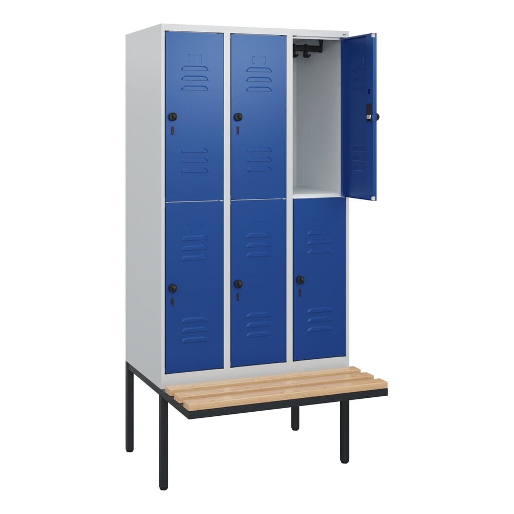 C+P Doppelstock-Spind Classic PLUS, 3 Abteile, HxBxT 1.950 x 900 x 815 mm, für Vorhängeschloss, auskragende Bank aus Buche, lichtgrau, enzianblau Illustration du produit: C+P Doppelstock-Spind Classic PLUS, 3 Abteile, HxBxT 1.950 x 900 x 815 mm, für Vorhängeschloss, auskragende Bank aus Buche, lichtgrau, enzianblau