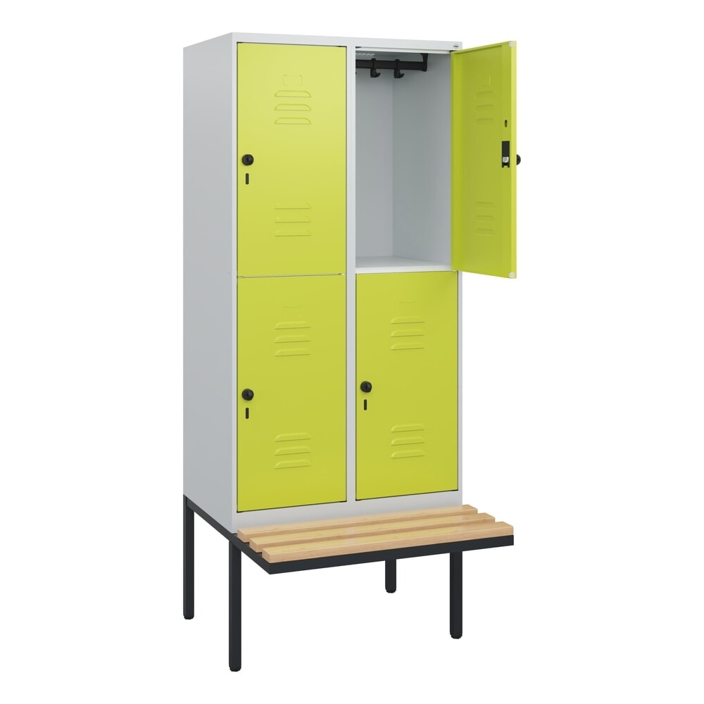 C+P Doppelstock-Spind Classic PLUS, 2 Abteile, HxBxT 1.950 x 800 x 815 mm, für Vorhängeschloss, auskragende Bank aus Buche, lichtgrau, clowngrün Illustration du produit: C+P Doppelstock-Spind Classic PLUS, 2 Abteile, HxBxT 1.950 x 800 x 815 mm, für Vorhängeschloss, auskragende Bank aus Buche, lichtgrau, clowngrün