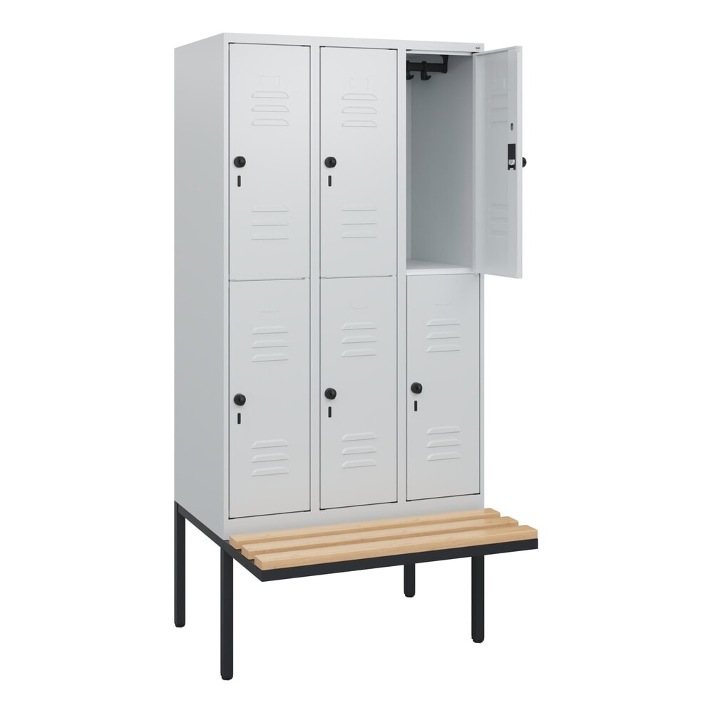 C+P Doppelstock-Spind Classic PLUS, 3 Abteile, HxBxT 1.950 x 900 x 815 mm, für Vorhängeschloss, auskragende Bank aus Buche, lichtgrau, lichtgrau Illustration du produit: C+P Doppelstock-Spind Classic PLUS, 3 Abteile, HxBxT 1.950 x 900 x 815 mm, für Vorhängeschloss, auskragende Bank aus Buche, lichtgrau, lichtgrau