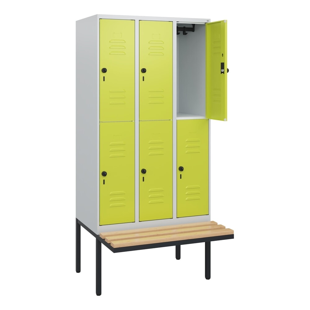 C+P Doppelstock-Spind Classic PLUS, 3 Abteile, HxBxT 1.950 x 900 x 815 mm, für Vorhängeschloss, auskragende Bank aus Buche, lichtgrau, clowngrün Illustration du produit: C+P Doppelstock-Spind Classic PLUS, 3 Abteile, HxBxT 1.950 x 900 x 815 mm, für Vorhängeschloss, auskragende Bank aus Buche, lichtgrau, clowngrün