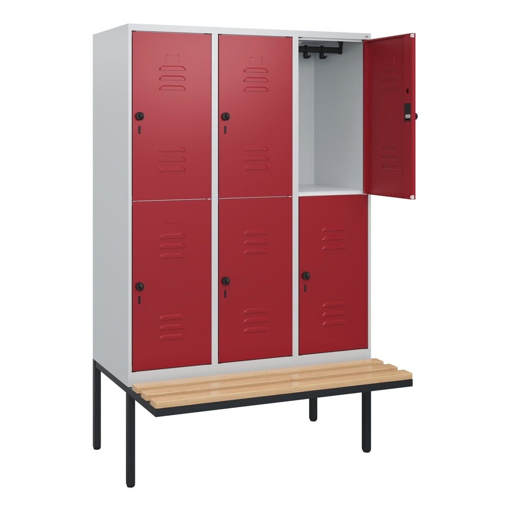 C+P Doppelstock-Spind Classic PLUS, 3 Abteile, HxBxT 1.950 x 1.200 x 815 mm, für Vorhängeschloss, auskragende Bank aus Buche, lichtgrau, rubinrot Illustration du produit: C+P Doppelstock-Spind Classic PLUS, 3 Abteile, HxBxT 1.950 x 1.200 x 815 mm, für Vorhängeschloss, auskragende Bank aus Buche, lichtgrau, rubinrot