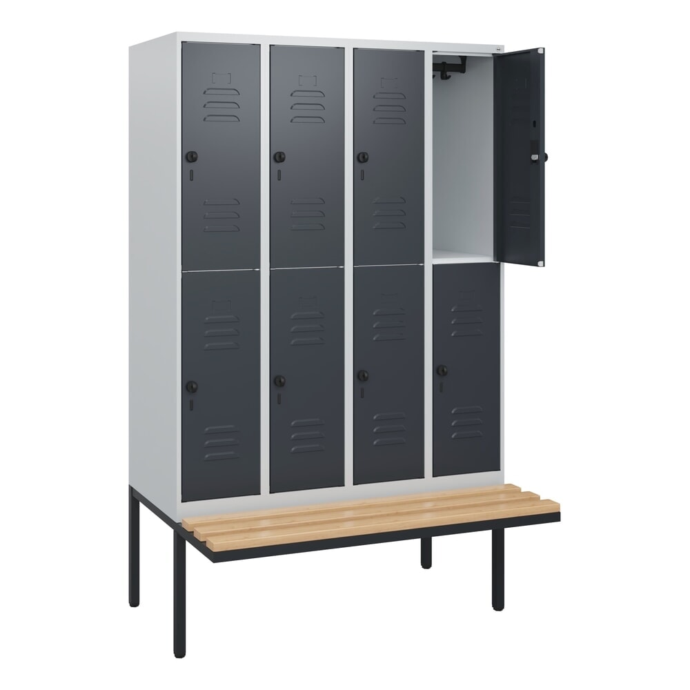 Produktabbildung: C+P Doppelstock-Spind Classic PLUS, 4 Abteile, HxBxT 1.950 x 1.200 x 815 mm, für Vorhängeschloss, auskragende Bank aus Buche, lichtgrau, anthrazitgrau