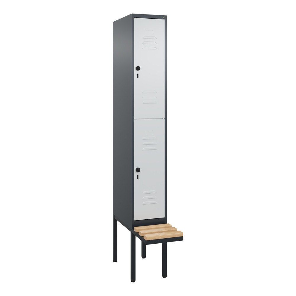 Produktabbildung: C+P Doppelstock-Spind Classic PLUS, 1 Abteil, HxBxT 2.120 x 300 x 815 mm, für Vorhängeschloss, auskragende Bank aus Buche, anthrazitgrau, lichtgrau