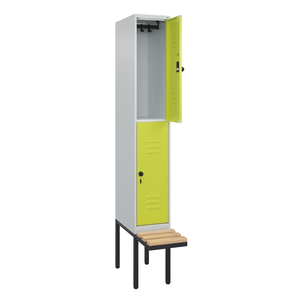 Produktabbildung: C+P Doppelstock-Spind Classic PLUS, 1 Abteil, HxBxT 2.120 x 300 x 815 mm, für Vorhängeschloss, auskragende Bank aus Buche, lichtgrau, clowngrün