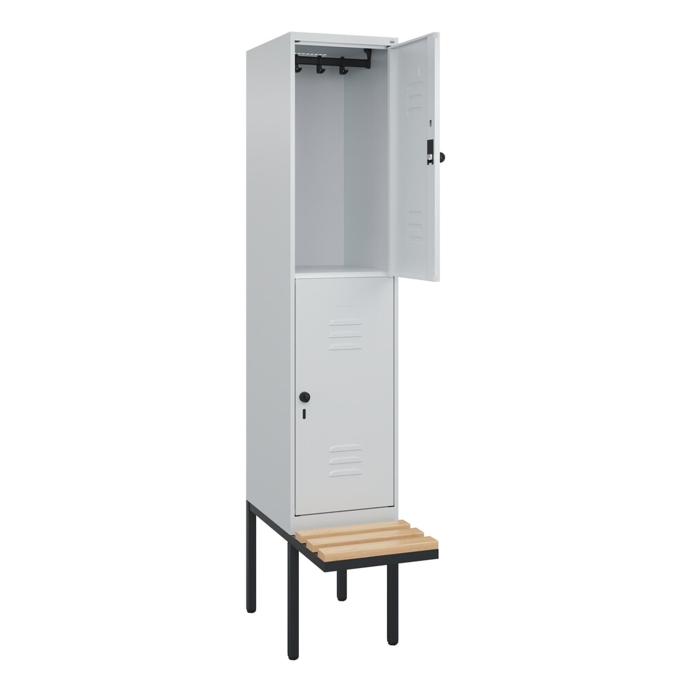 Illustration du produit: C+P Doppelstock-Spind Classic PLUS, 1 Abteil, HxBxT 2.120 x 400 x 815 mm, für Vorhängeschloss, auskragende Bank aus Buche, lichtgrau, lichtgrau