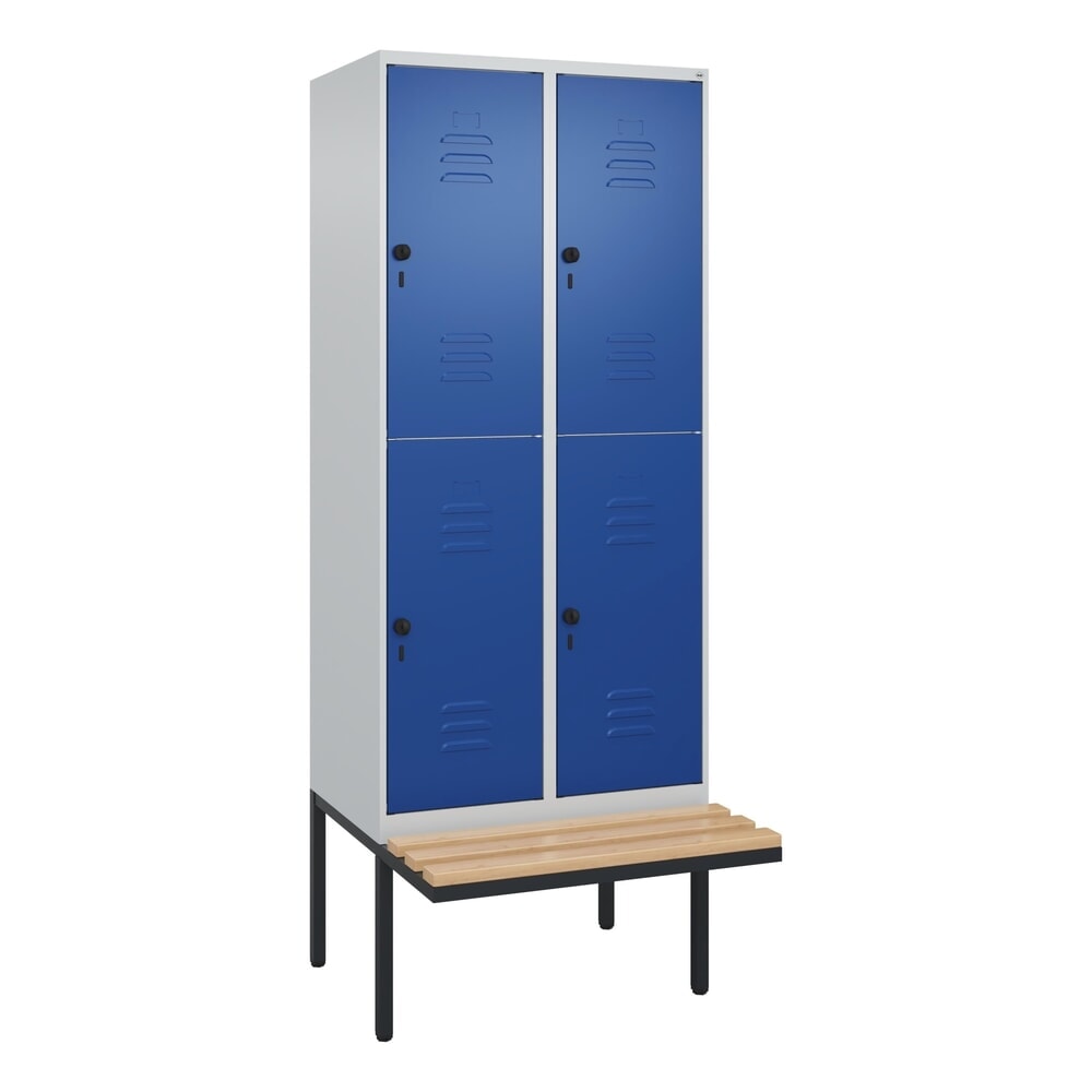 N° de l'image du produit 9 : C+P Doppelstock-Spind Classic PLUS, 2 Abteile, HxBxT 2.120 x 800 x 815 mm, für Vorhängeschloss, auskragende Bank aus Buche, lichtgrau, enzianblau