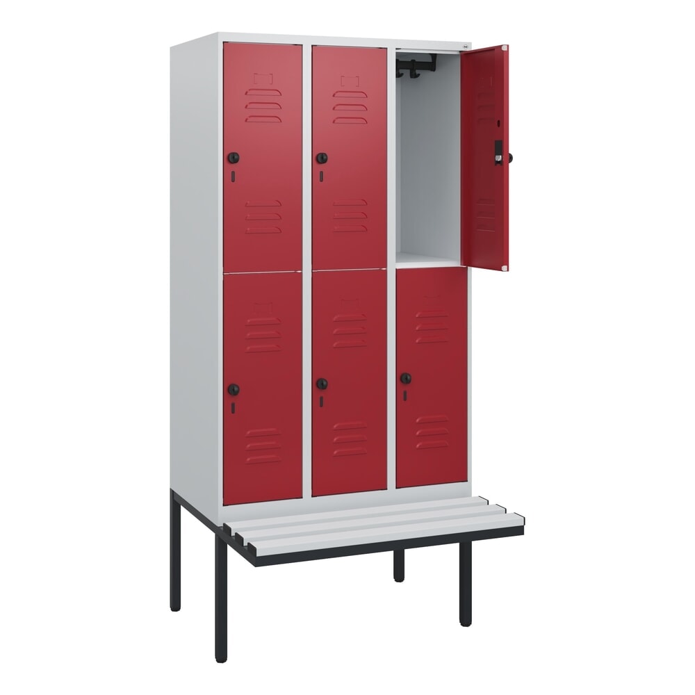 C+P Doppelstock-Spind Classic PLUS, 3 Abteile, HxBxT 1.950 x 900 x 815 mm, für Vorhängeschloss, auskragende Bank aus Kunststoff, lichtgrau, rubinrot Illustration du produit: C+P Doppelstock-Spind Classic PLUS, 3 Abteile, HxBxT 1.950 x 900 x 815 mm, für Vorhängeschloss, auskragende Bank aus Kunststoff, lichtgrau, rubinrot