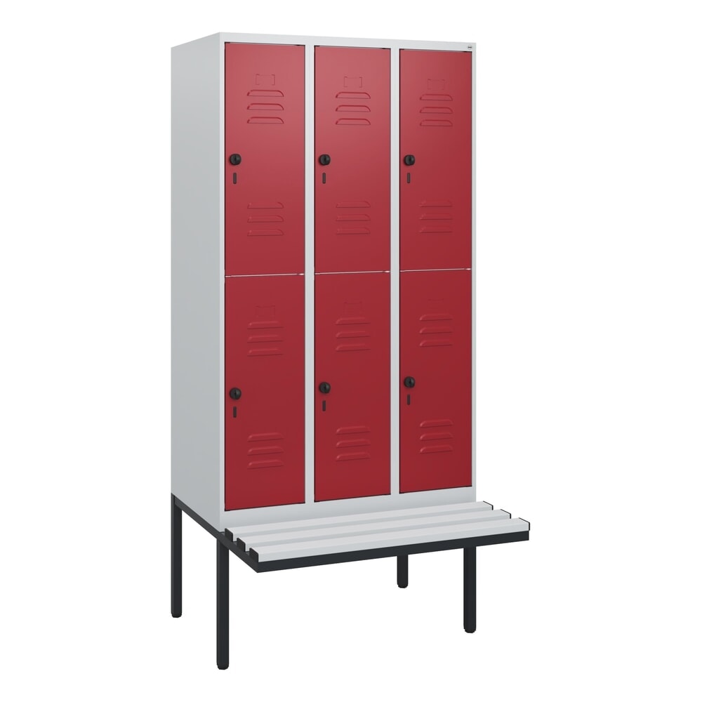 C+P Doppelstock-Spind Classic PLUS, 3 Abteile, HxBxT 1.950 x 900 x 815 mm, für Vorhängeschloss, auskragende Bank aus Kunststoff, lichtgrau, rubinrot N° de l'image du produit 9 : C+P Doppelstock-Spind Classic PLUS, 3 Abteile, HxBxT 1.950 x 900 x 815 mm, für Vorhängeschloss, auskragende Bank aus Kunststoff, lichtgrau, rubinrot