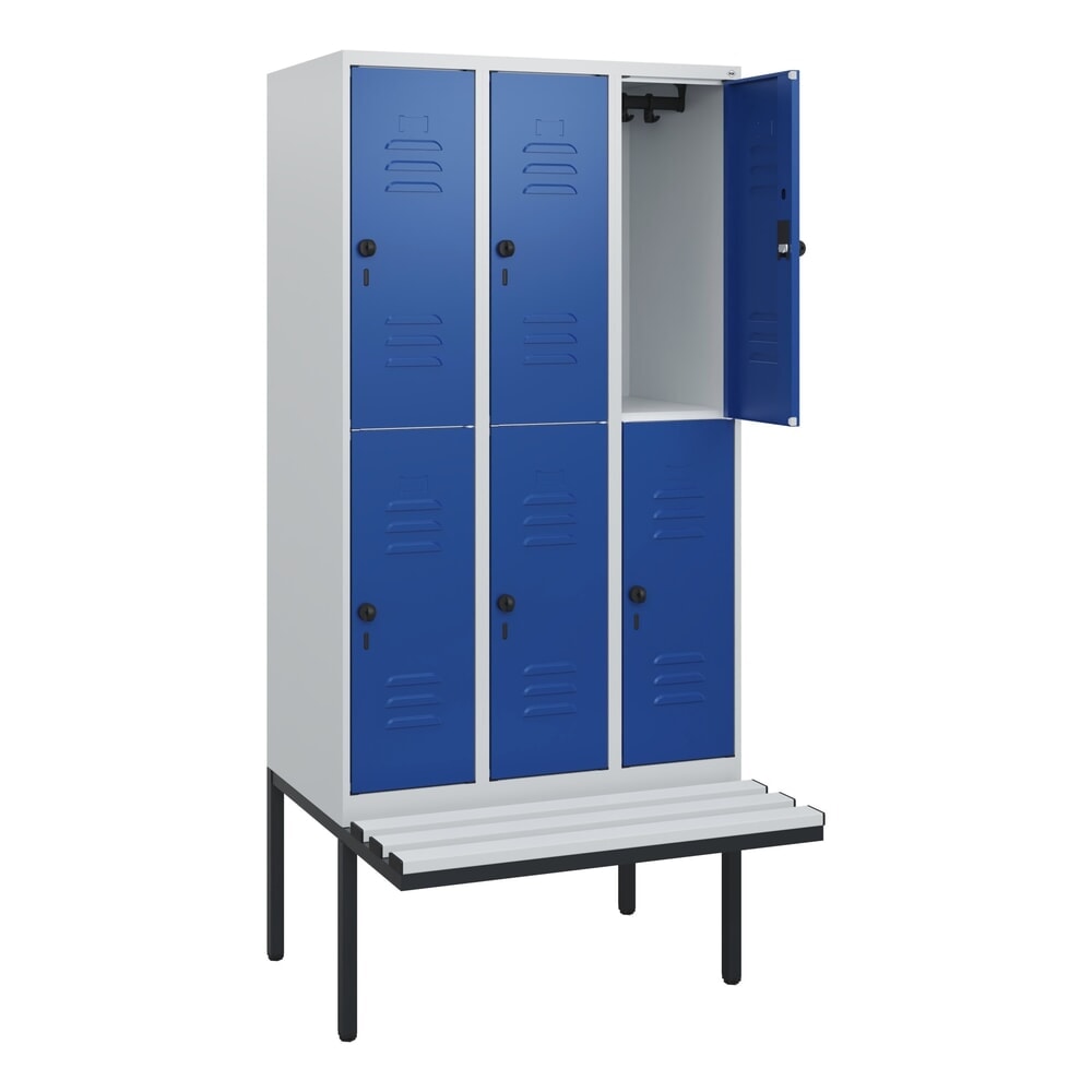 C+P Doppelstock-Spind Classic PLUS, 3 Abteile, HxBxT 1.950 x 900 x 815 mm, für Vorhängeschloss, auskragende Bank aus Kunststoff, lichtgrau, enzianblau Illustration du produit: C+P Doppelstock-Spind Classic PLUS, 3 Abteile, HxBxT 1.950 x 900 x 815 mm, für Vorhängeschloss, auskragende Bank aus Kunststoff, lichtgrau, enzianblau