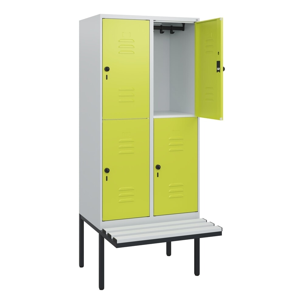 Illustration du produit: C+P Doppelstock-Spind Classic PLUS, 2 Abteile, HxBxT 1.950 x 800 x 815 mm, für Vorhängeschloss, auskragende Bank aus Kunststoff, lichtgrau, clowngrün