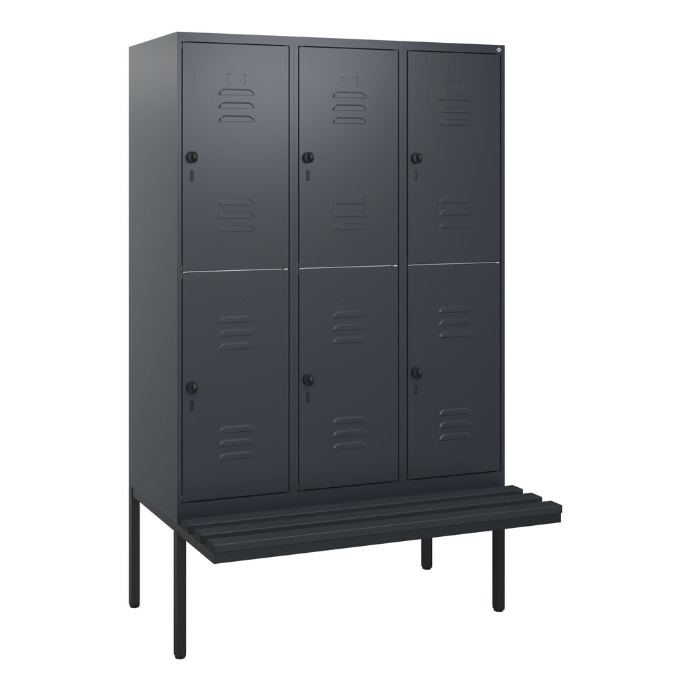 N° de l'image du produit 9 : C+P Doppelstock-Spind Classic PLUS, 3 Abteile, HxBxT 1.950 x 1.200 x 815 mm, für Vorhängeschloss, auskragende Bank aus Kunststoff, anthrazitgrau, anthrazitgrau