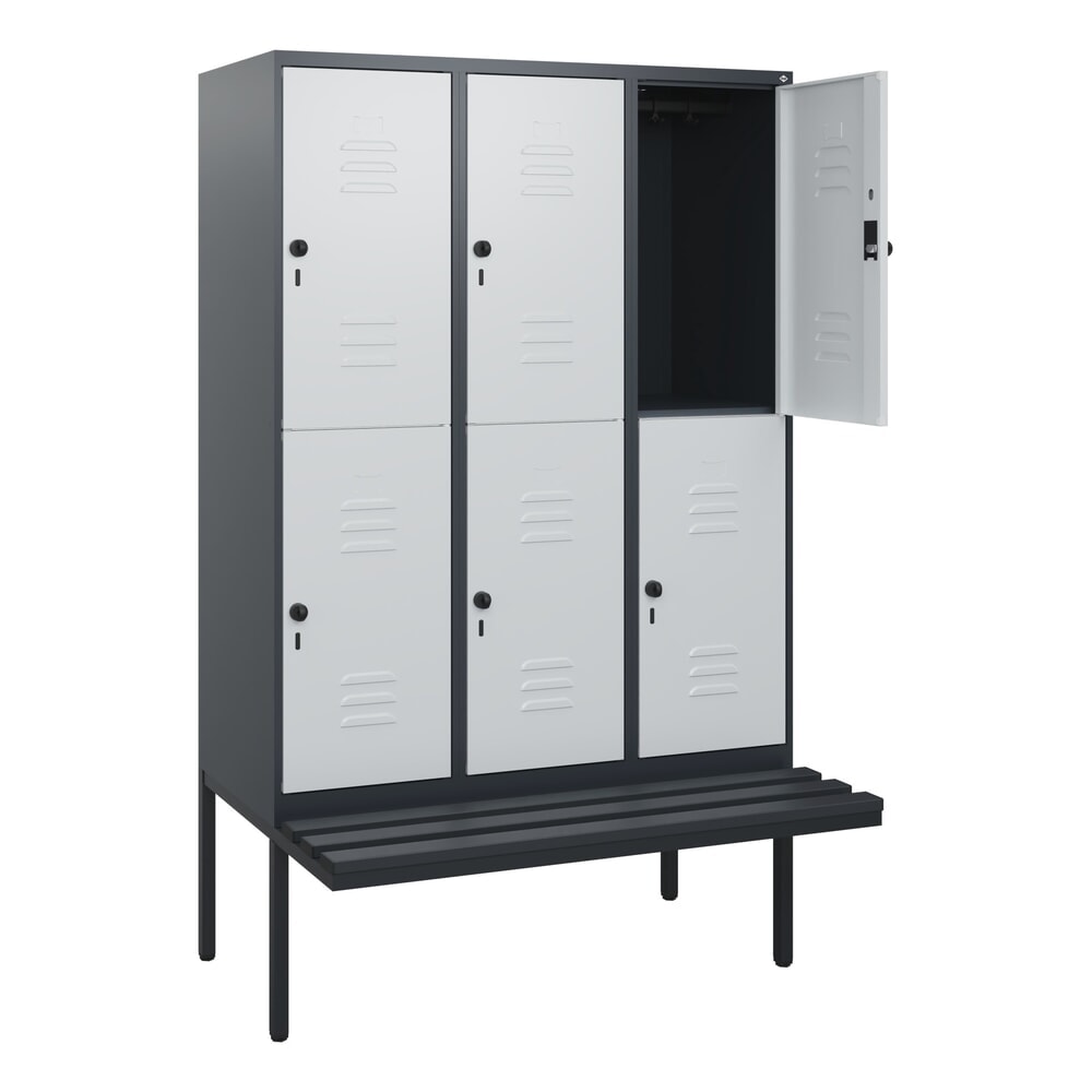 Illustration du produit: C+P Doppelstock-Spind Classic PLUS, 3 Abteile, HxBxT 1.950 x 1.200 x 815 mm, für Vorhängeschloss, auskragende Bank aus Kunststoff, anthrazitgrau, lichtgrau