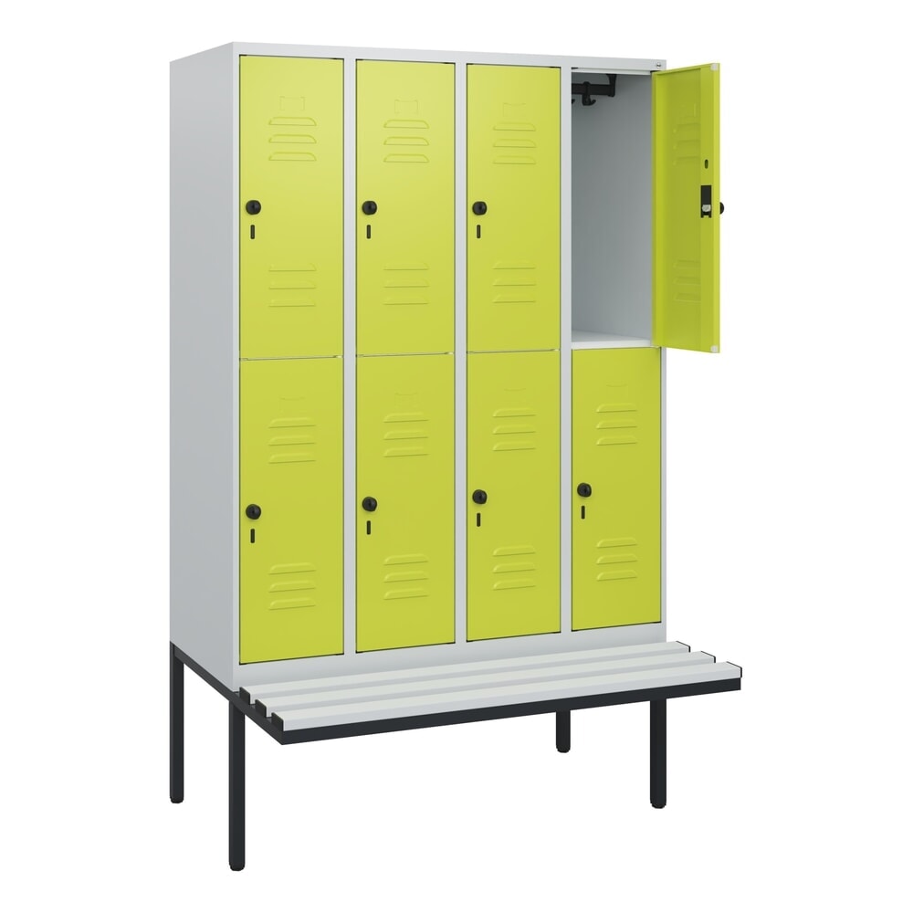 Produktabbildung: C+P Doppelstock-Spind Classic PLUS, 4 Abteile, HxBxT 1.950 x 1.200 x 815 mm, für Vorhängeschloss, auskragende Bank aus Kunststoff, lichtgrau, clowngrün