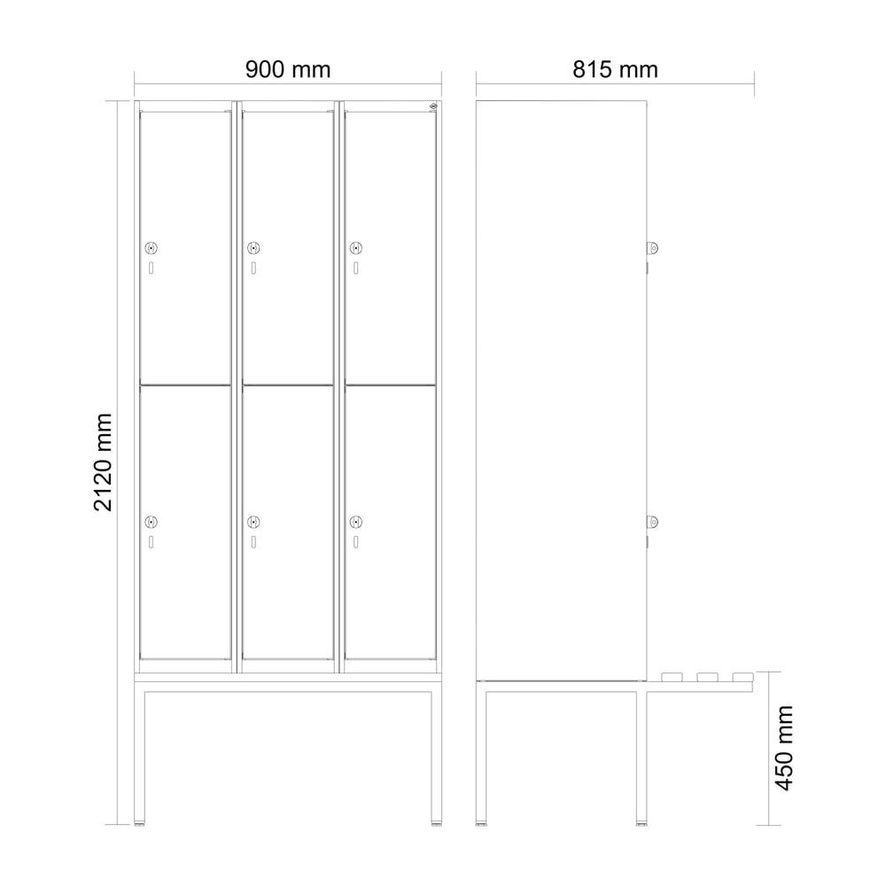 N° de l'image du produit 8 : C+P Doppelstock-Spind Classic PLUS, 3 Abteile, HxBxT 2.120 x 900 x 815 mm, Zylinderschloss, auskragende Bank aus Kunststoff, lichtgrau, lichtgrau
