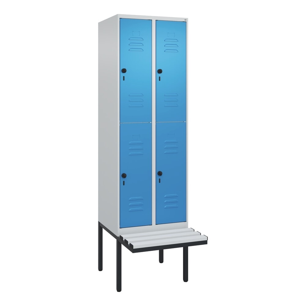 N° de l'image du produit 9 : C+P Doppelstock-Spind Classic PLUS, 2 Abteile, HxBxT 2.120 x 600 x 815 mm, für Vorhängeschloss, auskragende Bank aus Kunststoff, lichtgrau, lichtblau
