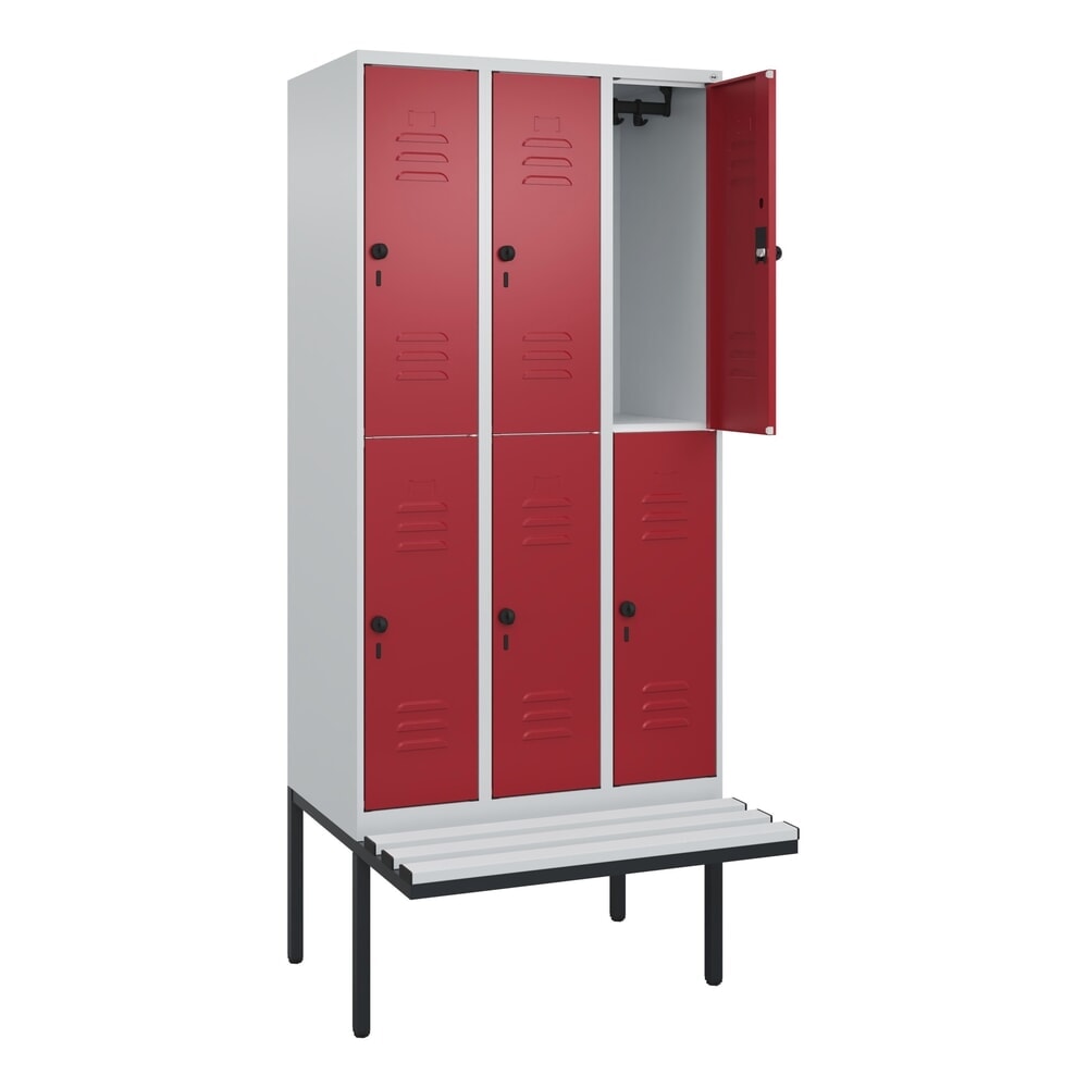 Produktabbildung: C+P Doppelstock-Spind Classic PLUS, 3 Abteile, HxBxT 2.120 x 900 x 815 mm, für Vorhängeschloss, auskragende Bank aus Kunststoff, lichtgrau, rubinrot