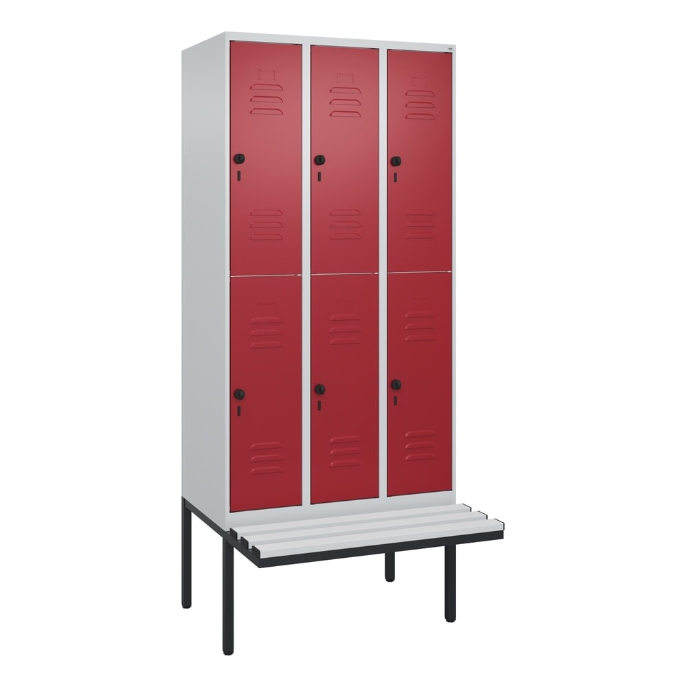 Produktabbildung Nr. 9: C+P Doppelstock-Spind Classic PLUS, 3 Abteile, HxBxT 2.120 x 900 x 815 mm, für Vorhängeschloss, auskragende Bank aus Kunststoff, lichtgrau, rubinrot