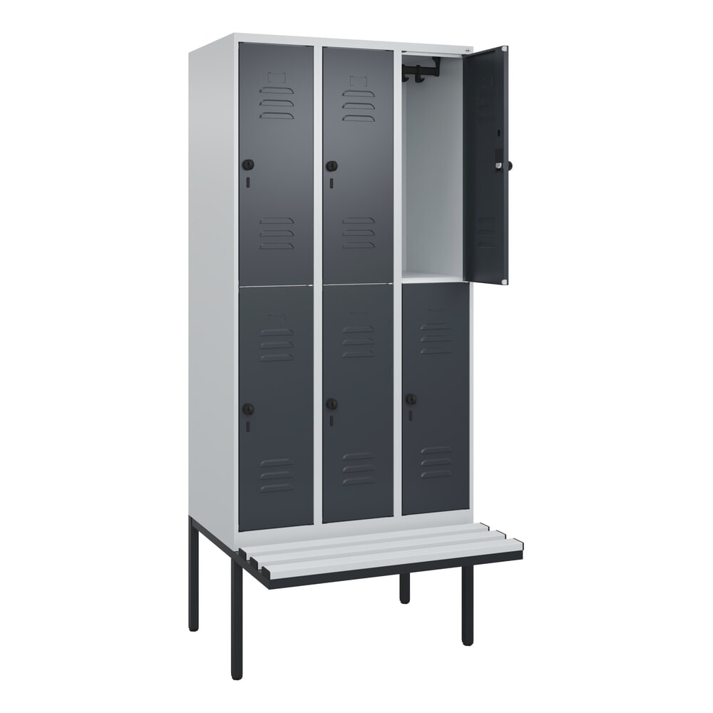 Produktabbildung: C+P Doppelstock-Spind Classic PLUS, 3 Abteile, HxBxT 2.120 x 900 x 815 mm, für Vorhängeschloss, auskragende Bank aus Kunststoff, lichtgrau, anthrazitgrau