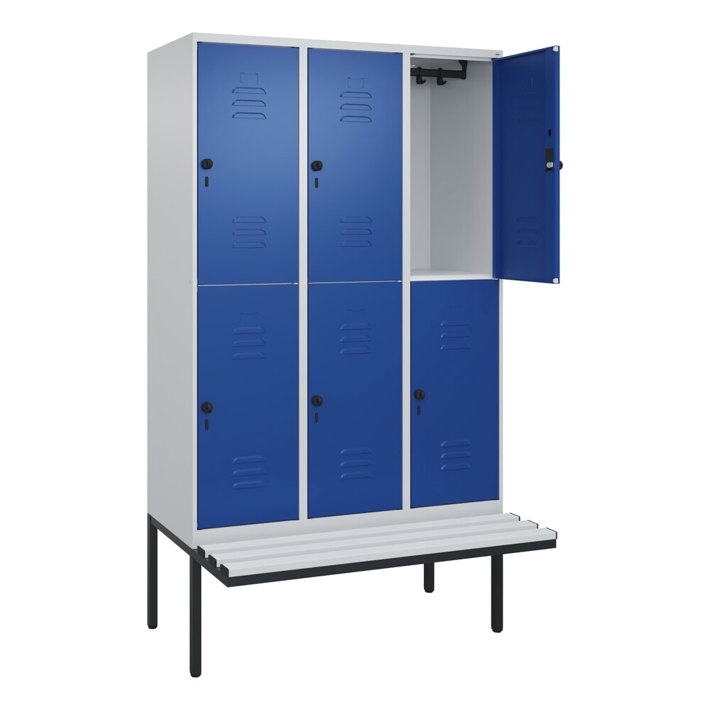 Illustration du produit: C+P Doppelstock-Spind Classic PLUS, 3 Abteile, HxBxT 2.120 x 1.200 x 815 mm, für Vorhängeschloss, auskragende Bank aus Kunststoff, lichtgrau, enzianblau