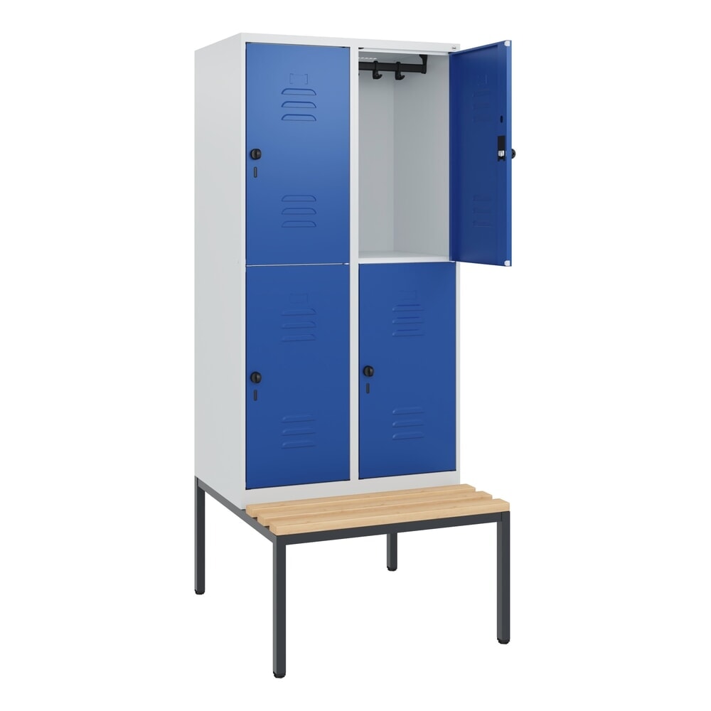 Illustration du produit: C+P Doppelstock-Spind Classic PLUS, 2 Abteile, HxBxT 1.950 x 800 x 815 mm, für Vorhängeschloss, untergebaute Bank aus Buche, lichtgrau, enzianblau