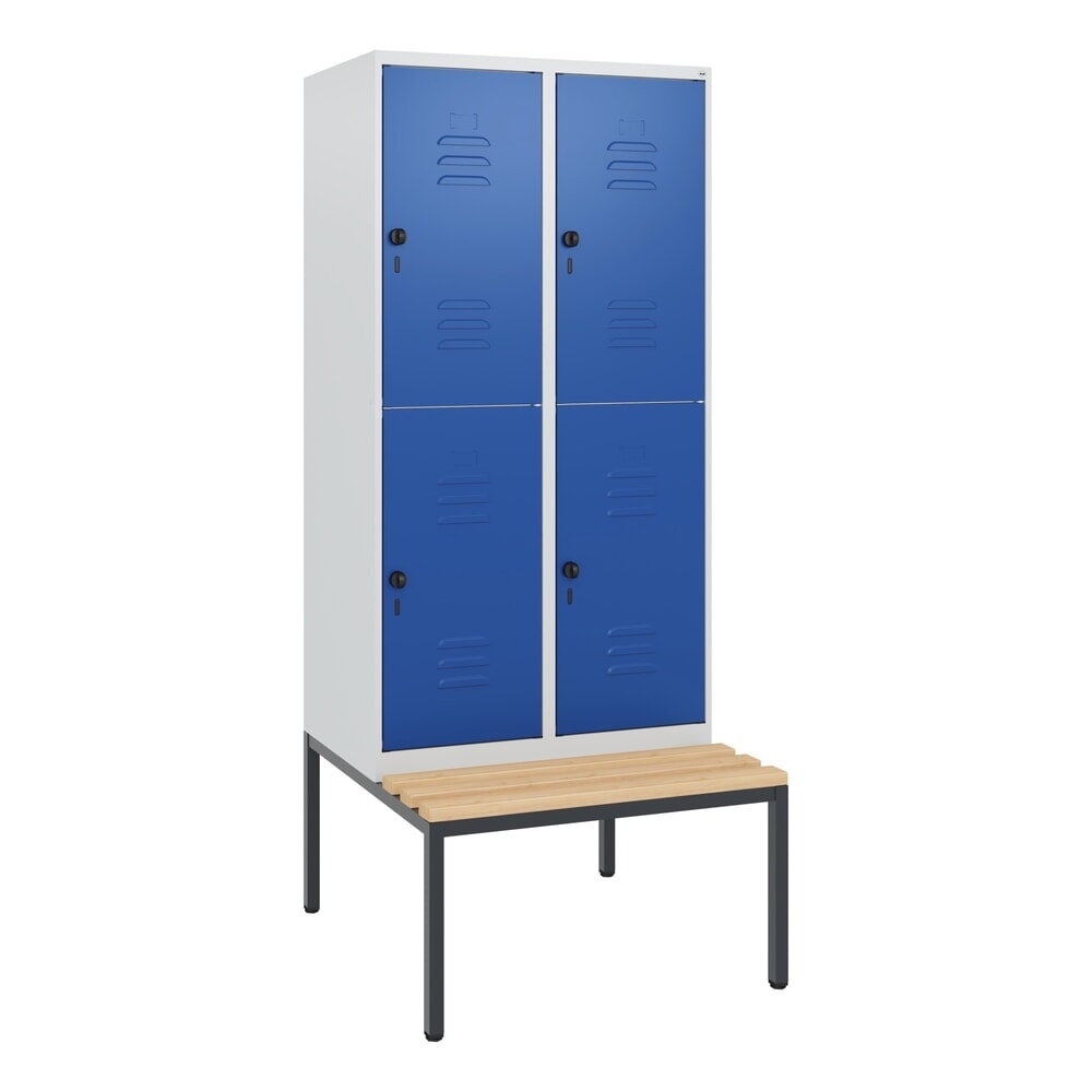 N° de l'image du produit 8 : C+P Doppelstock-Spind Classic PLUS, 2 Abteile, HxBxT 1.950 x 800 x 815 mm, für Vorhängeschloss, untergebaute Bank aus Buche, lichtgrau, enzianblau