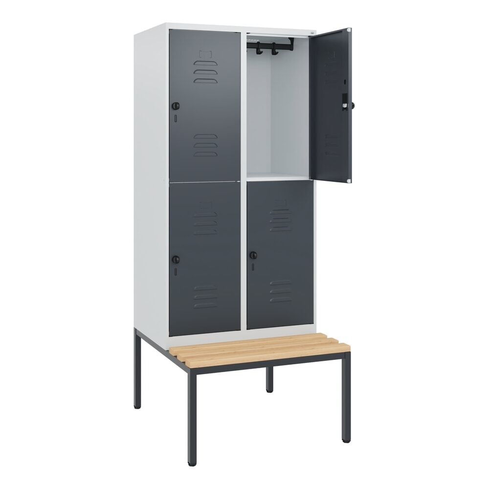 Illustration du produit: C+P Doppelstock-Spind Classic PLUS, 2 Abteile, HxBxT 1.950 x 800 x 815 mm, für Vorhängeschloss, untergebaute Bank aus Buche, lichtgrau, anthrazitgrau
