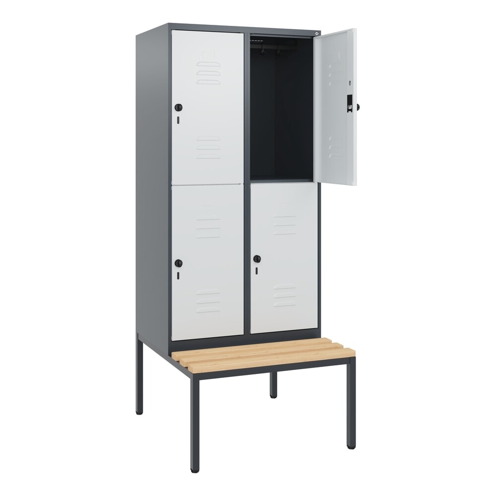 Illustration du produit: C+P Doppelstock-Spind Classic PLUS, 2 Abteile, HxBxT 1.950 x 800 x 815 mm, für Vorhängeschloss, untergebaute Bank aus Buche, anthrazitgrau, lichtgrau