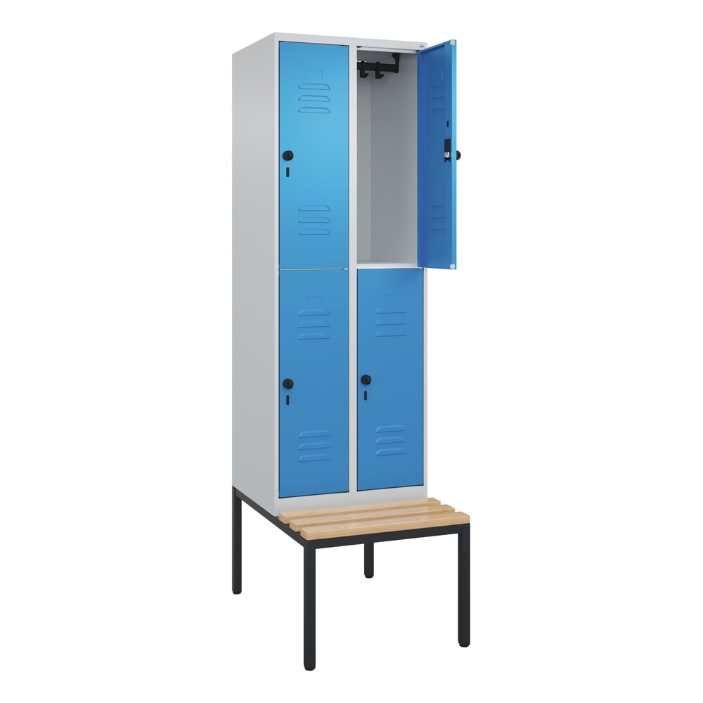 Produktabbildung: C+P Doppelstock-Spind Classic PLUS, 2 Abteile, HxBxT 2.120 x 600 x 815 mm, für Vorhängeschloss, untergebaute Bank aus Buche, lichtgrau, lichtblau