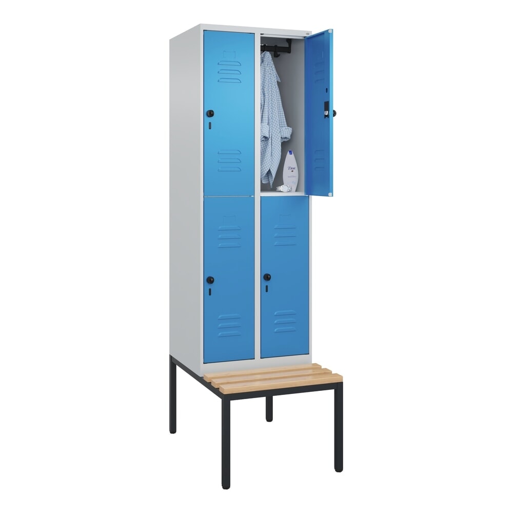 Produktabbildung Nr. 10: C+P Doppelstock-Spind Classic PLUS, 2 Abteile, HxBxT 2.120 x 600 x 815 mm, für Vorhängeschloss, untergebaute Bank aus Buche, lichtgrau, lichtblau