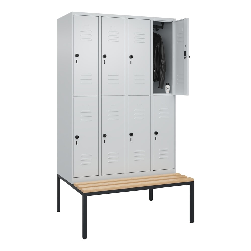 Produktabbildung Nr. 10: C+P Doppelstock-Spind Classic PLUS, 4 Abteile, HxBxT 2.120 x 1.200 x 815 mm, für Vorhängeschloss, untergebaute Bank aus Buche, lichtgrau, lichtgrau
