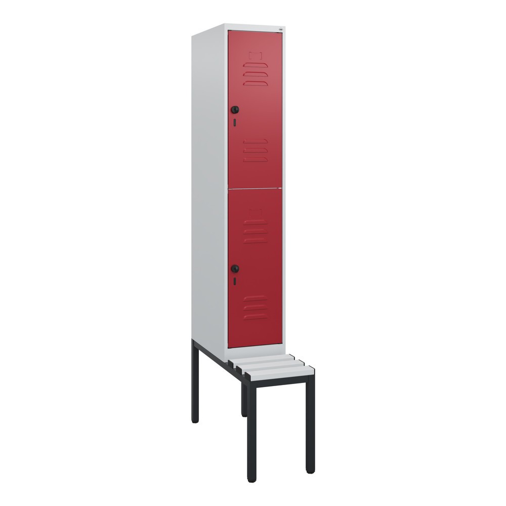 Produktabbildung: C+P Doppelstock-Spind Classic PLUS, 1 Abteil, HxBxT 1.950 x 300 x 815 mm, für Vorhängeschloss, untergebaute Bank aus Kunststoff, lichtgrau, rubinrot