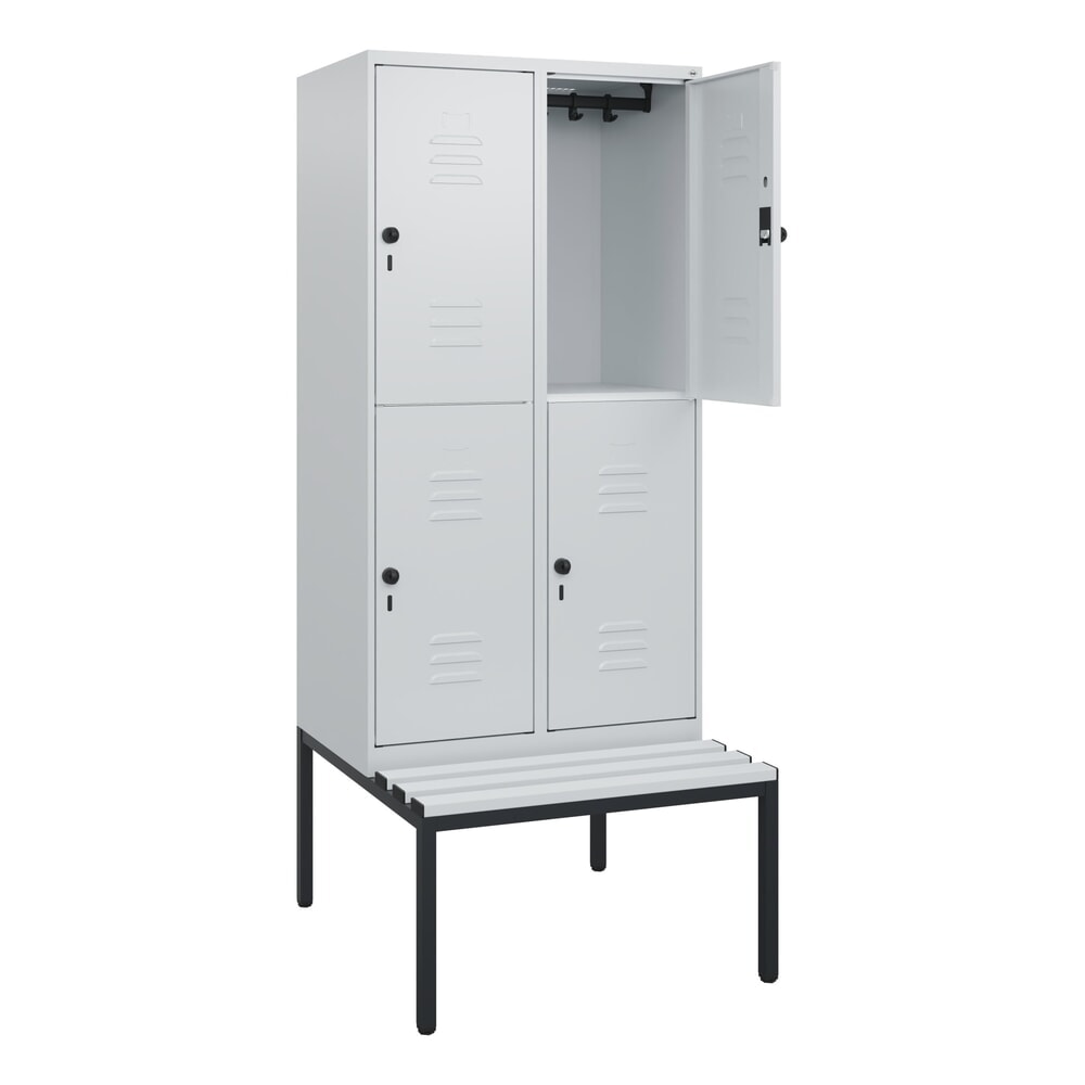 Illustration du produit: C+P Doppelstock-Spind Classic PLUS, 2 Abteile, HxBxT 1.950 x 800 x 815 mm, für Vorhängeschloss, untergebaute Bank aus Kunststoff, lichtgrau, lichtgrau