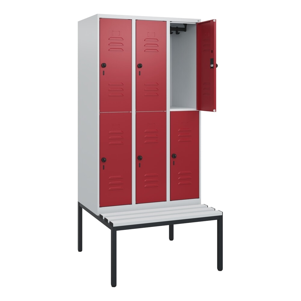 Illustration du produit: C+P Doppelstock-Spind Classic PLUS, 3 Abteile, HxBxT 1.950 x 900 x 815 mm, für Vorhängeschloss, untergebaute Bank aus Kunststoff, lichtgrau, rubinrot