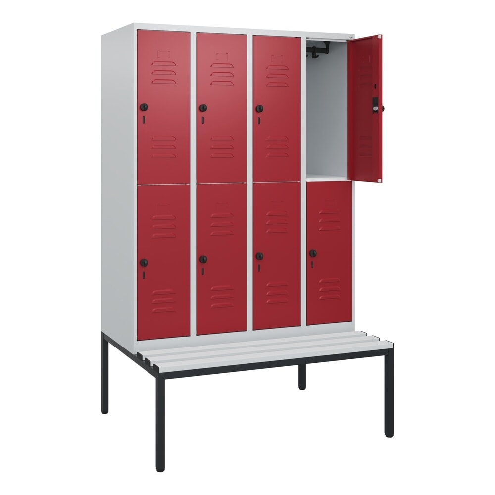 Produktabbildung: C+P Doppelstock-Spind Classic PLUS, 4 Abteile, HxBxT 1.950 x 1.200 x 815 mm, für Vorhängeschloss, untergebaute Bank aus Kunststoff, lichtgrau, rubinrot