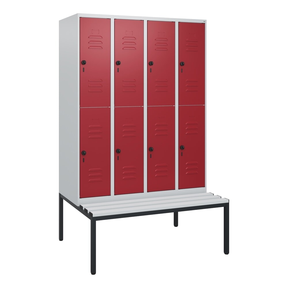 Produktabbildung Nr. 9: C+P Doppelstock-Spind Classic PLUS, 4 Abteile, HxBxT 1.950 x 1.200 x 815 mm, für Vorhängeschloss, untergebaute Bank aus Kunststoff, lichtgrau, rubinrot