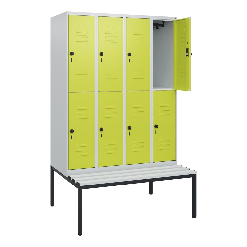 Produktabbildung: C+P Doppelstock-Spind Classic PLUS, 4 Abteile, HxBxT 1.950 x 1.200 x 815 mm, für Vorhängeschloss, untergebaute Bank aus Kunststoff, lichtgrau, clowngrün