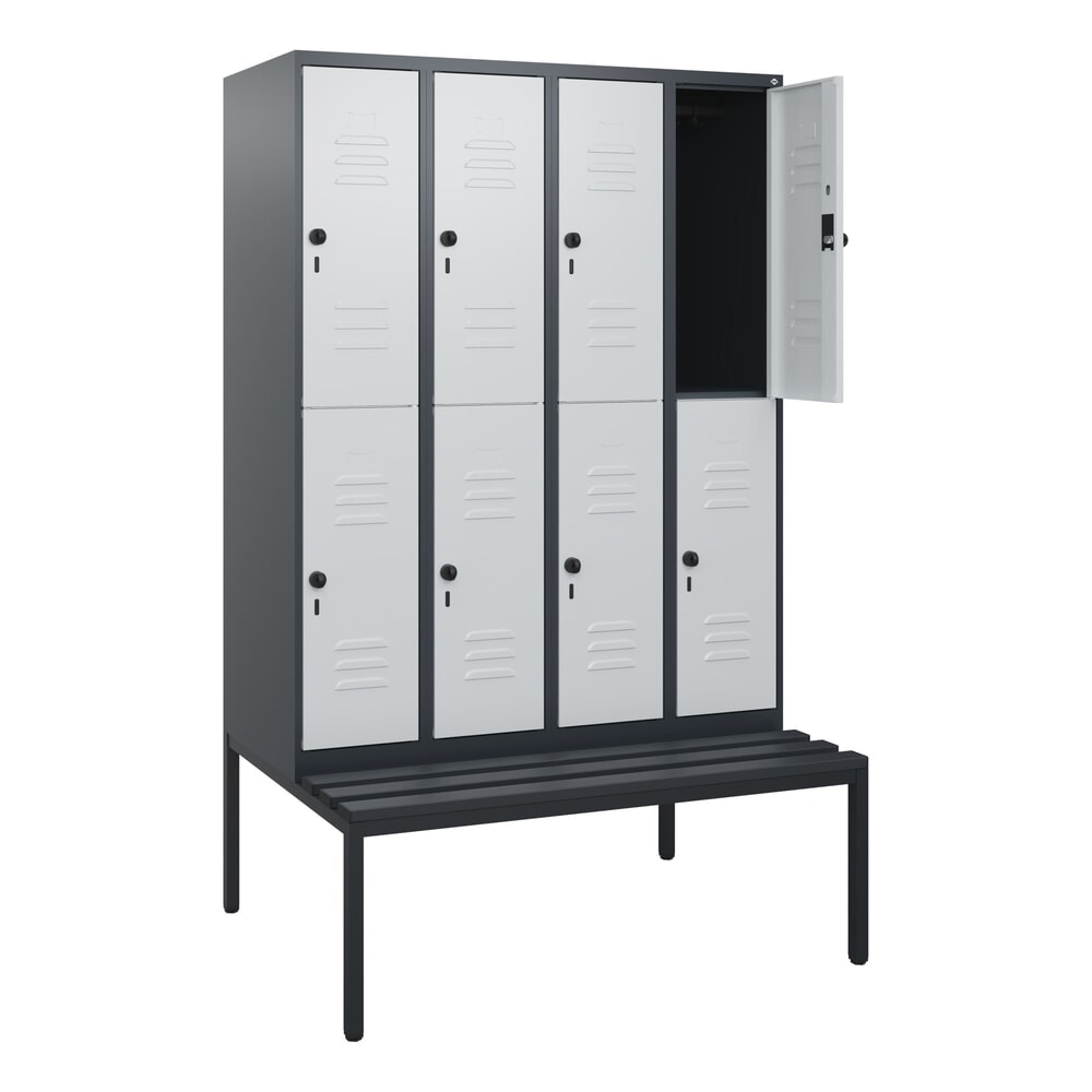 Produktabbildung: C+P Doppelstock-Spind Classic PLUS, 4 Abteile, HxBxT 1.950 x 1.200 x 815 mm, für Vorhängeschloss, untergebaute Bank aus Kunststoff, anthrazitgrau, lichtgrau