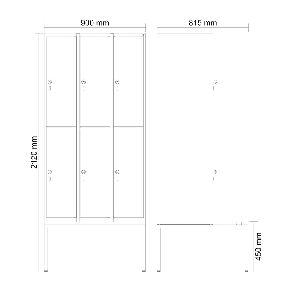 N° de l'image du produit 8 : C+P Doppelstock-Spind Classic PLUS, 3 Abteile, HxBxT 2.120 x 900 x 815 mm, für Vorhängeschloss, untergebaute Bank aus Kunststoff, lichtgrau, anthrazitgrau