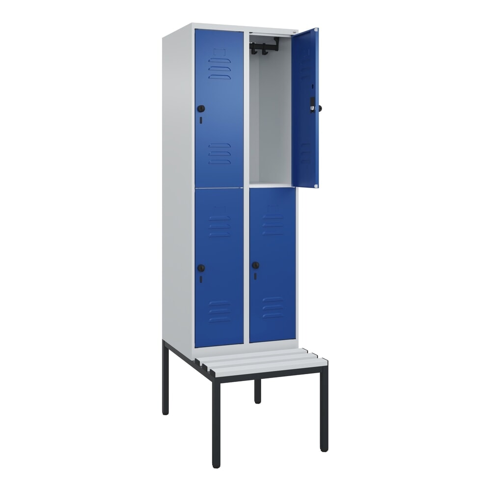 Illustration du produit: C+P Doppelstock-Spind Classic PLUS, 2 Abteile, HxBxT 2.120 x 600 x 815 mm, für Vorhängeschloss, untergebaute Bank aus Kunststoff, lichtgrau, enzianblau