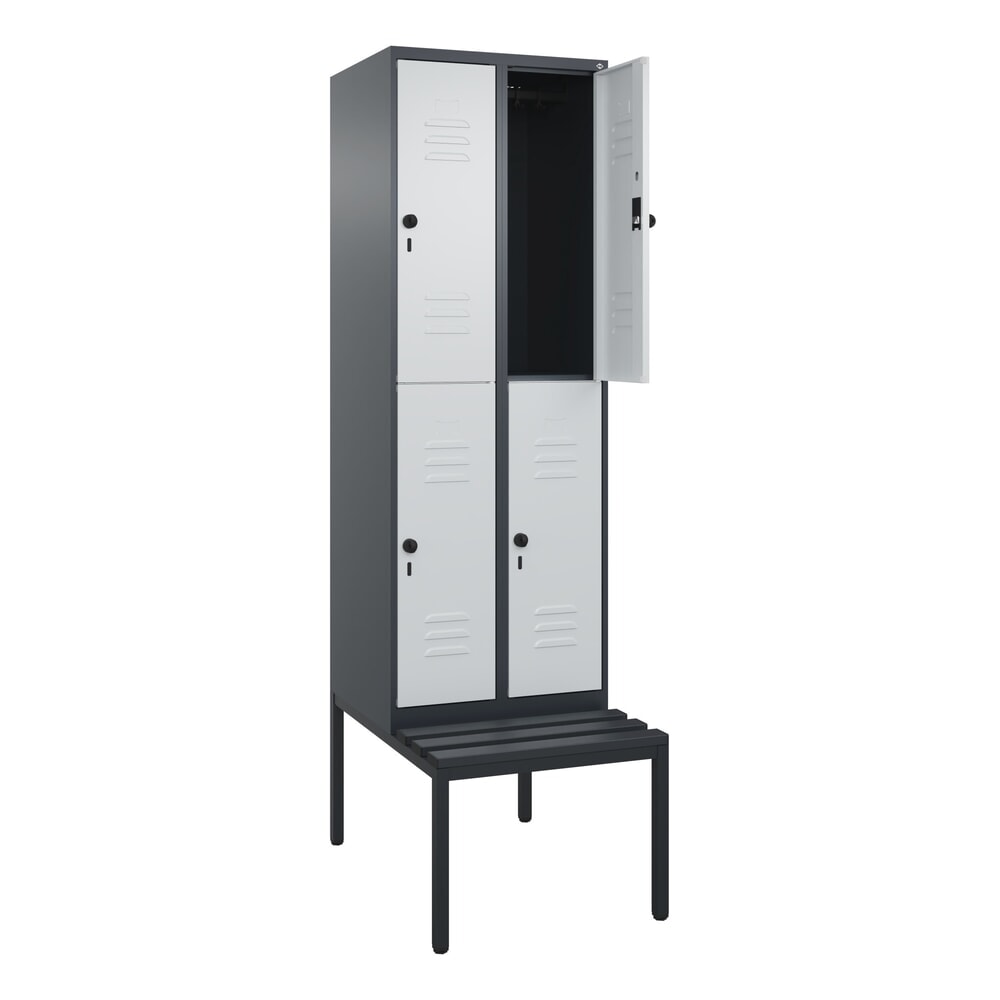 Illustration du produit: C+P Doppelstock-Spind Classic PLUS, 2 Abteile, HxBxT 2.120 x 600 x 815 mm, für Vorhängeschloss, untergebaute Bank aus Kunststoff, anthrazitgrau, lichtgrau